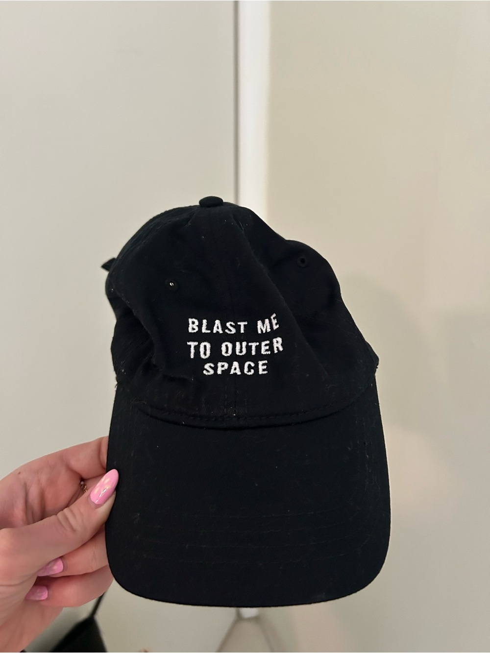 Black Baseball Cap with 'Blast Me To Outer Space' Embroidery